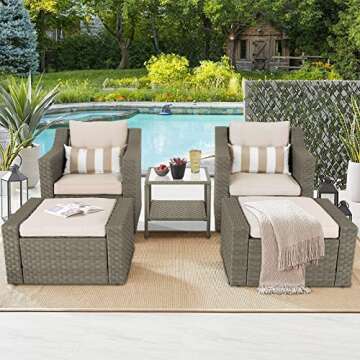 SOLAURA 5 Piece Patio Conversation Set Outdoor Furniture Set, Grey Wicker Lounge Chair with Ottoman ...