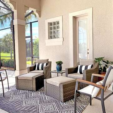 SOLAURA 5 Piece Patio Conversation Set Outdoor Furniture Set, Grey Wicker Lounge Chair with Ottoman Footrest, W/Coffee Table & Cushions (Beige) for Garden, Patio, Balcony, Deck