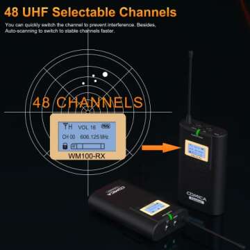 COMICA CVM-WM100 - Wireless Microphone System for Cameras, Camcorders, Smartphones, Laptops, Professional UHF 48-Channel Wireless Lavalier Lapel Microphone for Video Recording Interview Youtubers