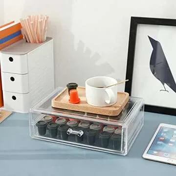 Yesesion Coffee Pod Holder with Drawer Organizer, Clear Coffee Bar Accessories Station Storage Box for Counter, Container for K-Cup, Espresso Capsule, Drink Stirrers, Tea Bag, Sugar Packets, Stackable