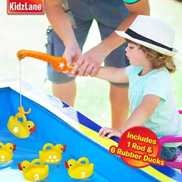 Kidzlane Bathtub Toys Fishing Game - 1 Toy Fishing Pole and 6 Rubber Ducks - Teaches Numbers & Shapes - Great Learning bath toy for Babies, Toddlers & Kids
