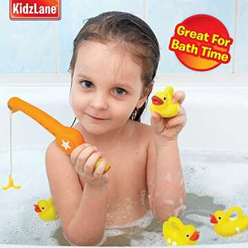 Kidzlane Bathtub Toys Fishing Game - 1 Toy Fishing Pole and 6 Rubber Ducks - Teaches Numbers & Shapes - Great Learning bath toy for Babies, Toddlers & Kids