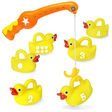 Kidzlane Bathtub Toys Fishing Game - 1 Toy Fishing Pole and 6 Rubber Ducks - Teaches Numbers & Shapes - Great Learning bath toy for Babies, Toddlers & Kids