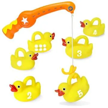 Kidzlane Bathtub Toys Fishing Game - 1 Toy Fishing Pole and 6 Rubber Ducks - Teaches Numbers & Shapes - Great Learning bath toy for Babies, Toddlers & Kids