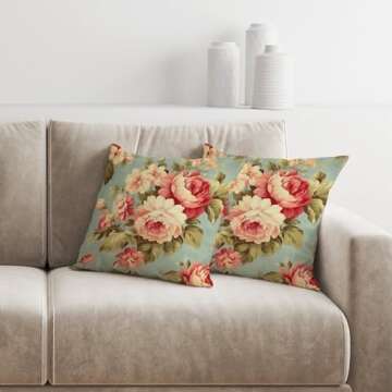 MangGou Pink Cabbage Roses Chinoiserie Throw Pillow Cover Set of 2 French Romantic Roses Aqua 22x22in Pillow Case Cushion Cover Asian Inspired Pillow Covers Decor for Sofa Living Room Bedroom