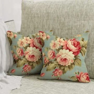 MangGou Pink Cabbage Roses Chinoiserie Throw Pillow Cover Set of 2 French Romantic Roses Aqua 22x22in Pillow Case Cushion Cover Asian Inspired Pillow Covers Decor for Sofa Living Room Bedroom