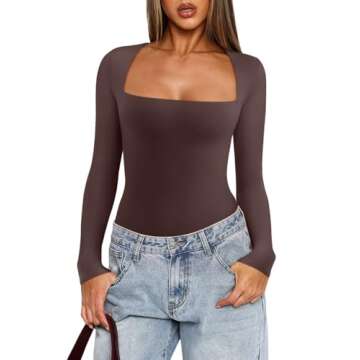 REORIA Womens Sexy Long Sleeve Square Neck Lightweight Double Lined Basic Layering Slim Soft Leotards Shirts Fall Going Out Bodysuit Tops Cocoa Small