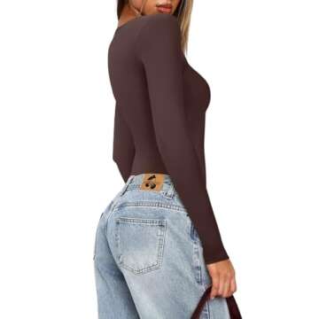 REORIA Womens Sexy Long Sleeve Square Neck Lightweight Double Lined Basic Layering Slim Soft Leotards Shirts Fall Going Out Bodysuit Tops Cocoa Small