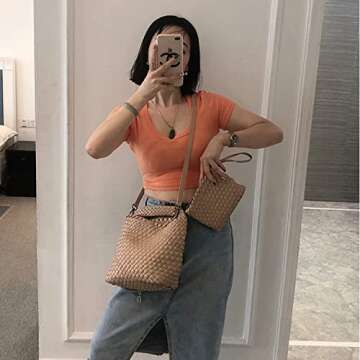 Handmade Woven Shoulder Bags for Women Cute Hobo Tote Handbag Mini Clutch Purse with Magnetic Buckle Crossbody Phone Bag (Milk tea)