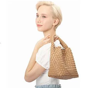 Handmade Woven Shoulder Bags for Women Cute Hobo Tote Handbag Mini Clutch Purse with Magnetic Buckle Crossbody Phone Bag (Milk tea)