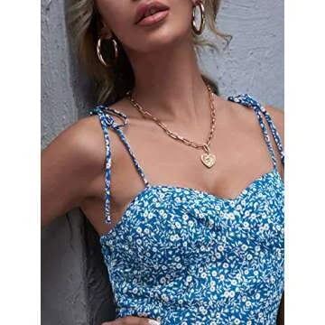 Floerns Women's Floral Print Tie Shoulder Split Hem Shirred Cami Midi Dress Blue L