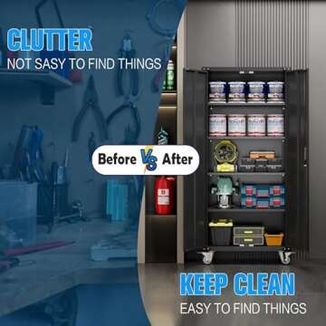 Aobabo Garage Storage Cabinet with Wheels,72" H Metal Storage Cabinet with 2 Doors and 4 Adjustable Shelves for Garage Home Storage, Black,Required-Assembly