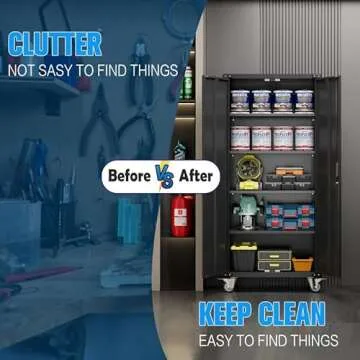 Aobabo Garage Storage Cabinet with Wheels,72" H Metal Storage Cabinet with 2 Doors and 4 Adjustable Shelves for Garage Home Storage, Black,Required-Assembly