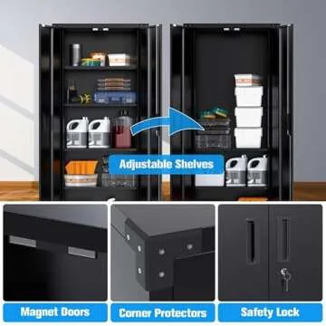 Aobabo Garage Storage Cabinet with Wheels,72" H Metal Storage Cabinet with 2 Doors and 4 Adjustable Shelves for Garage Home Storage, Black,Required-Assembly