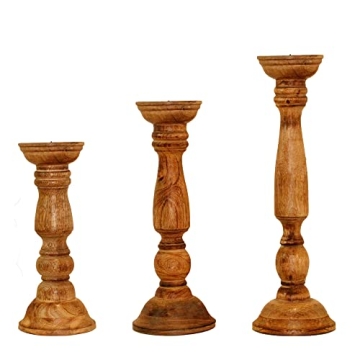 Solid Mango Wood Candle Pillar Holders Set of 3 Boho Decor