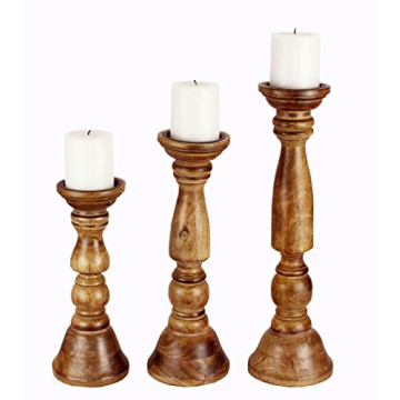 Solid Mango Wood Candle Pillar Holders Set of 3 Boho Decor