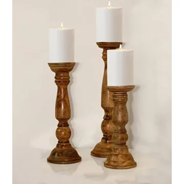 Solid Mango Wood Candle Pillar Holders Set of 3 Boho Decor