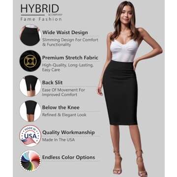 Hybrid & Company Women's Premium Nylon Ponte Stretch High Waist Pencil Suit Skirt Below Knee KSK45002 1073T Black XL
