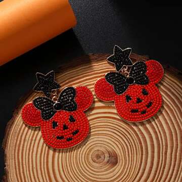 Halloween Earrings Orange Star Bow Mouse Seed Beaded Festive Dangling Earrings Fun Halloween Holiday...