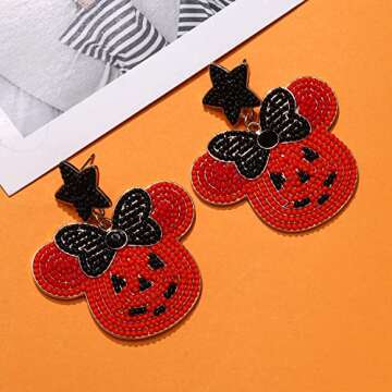 Halloween Earrings Orange Star Bow Mouse Seed Beaded Festive Dangling Earrings Fun Halloween Holiday Party Decor