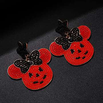 Halloween Earrings Orange Star Bow Mouse Seed Beaded Festive Dangling Earrings Fun Halloween Holiday Party Decor