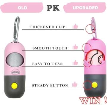 Dog Poop Bags Holder with LED Flashlight|Pet Waste Bags Dispenser for Leash|Doggie Potty Bags Container with Leak-proof Pet Trash Bags and Accessories (1 Holder 15 Bags, Pink)