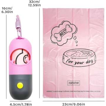 Dog Poop Bags Holder with LED Flashlight|Pet Waste Bags Dispenser for Leash|Doggie Potty Bags Container with Leak-proof Pet Trash Bags and Accessories (1 Holder 15 Bags, Pink)