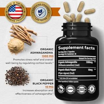VitaUp Organic Ashwagandha Capsules 1310mg - USA Made Organic Ashwagandha Supplements with Black Pep...