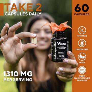 VitaUp Organic Ashwagandha Capsules 1310mg - USA Made Organic Ashwagandha Supplements with Black Pepper - Energy & Immune Support - Natural Stress Relief Supplement - Ashwagandha Organic - 60 Count