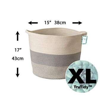 Large Cotton Rope Storage Basket Tall Grey Décor Basket for Blankets, Baby Nursery Hamper Bin, Toy Tote - A Cute Round Laundry, Diaper and Towel Basket with Handles 15" x 17"