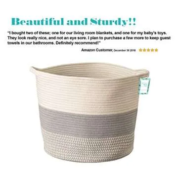 Large Cotton Rope Storage Basket Tall Grey Décor Basket for Blankets, Baby Nursery Hamper Bin, Toy Tote - A Cute Round Laundry, Diaper and Towel Basket with Handles 15" x 17"