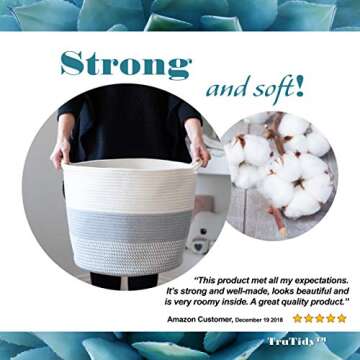 Large Cotton Rope Storage Basket Tall Grey Décor Basket for Blankets, Baby Nursery Hamper Bin, Toy Tote - A Cute Round Laundry, Diaper and Towel Basket with Handles 15" x 17"