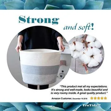 Large Cotton Rope Storage Basket Tall Grey Décor Basket for Blankets, Baby Nursery Hamper Bin, Toy Tote - A Cute Round Laundry, Diaper and Towel Basket with Handles 15" x 17"