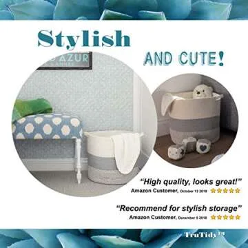 Large Cotton Rope Storage Basket Tall Grey Décor Basket for Blankets, Baby Nursery Hamper Bin, Toy Tote - A Cute Round Laundry, Diaper and Towel Basket with Handles 15" x 17"