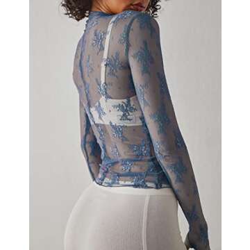 Ugerlov Women's Long Sleeve Mesh Top Mock Neck Sheer Blouse See Through Floral Lace Tops, Blue S