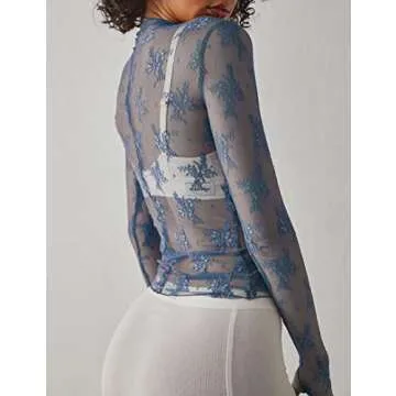 Ugerlov Women's Long Sleeve Mesh Top - Elegant Floral Lace Blouse