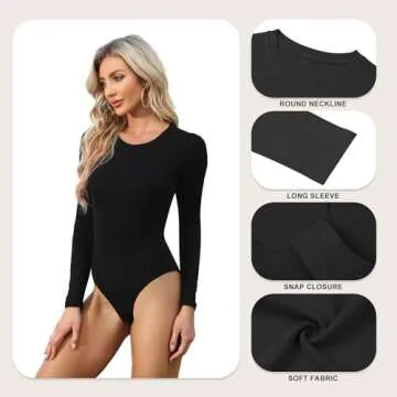 CE' CERDR 5 Pack Long Sleeve Bodysuit for Women Round Neck Casual Stretchy Basic Shirts Crew Neck Body Suits Tops