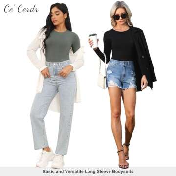 CE' CERDR 5 Pack Long Sleeve Bodysuit for Women Round Neck Casual Stretchy Basic Shirts Crew Neck Body Suits Tops