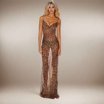 YISHATIER Leopard Print Draped Collar Spaghetti Strap Cami Long Dress Party Rave Prom Perspective Mi...