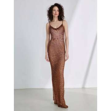 YISHATIER Leopard Print Draped Collar Spaghetti Strap Cami Long Dress Party Rave Prom Perspective Midi Cami Bodycon Dresses (Leopard,M,Medium)