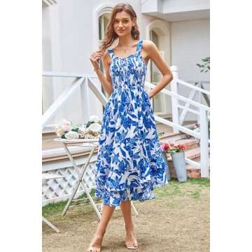 GRACE KARIN Women's 2025 Summer Floral Boho Dress Square Neck Strapped Swing A Line Sundress Beach Long Maxi OutfitsBlue White S