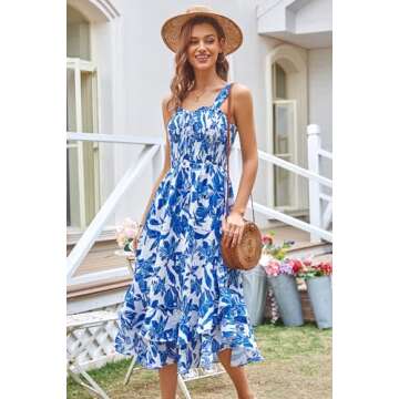 GRACE KARIN Women's 2025 Summer Floral Boho Dress Square Neck Strapped Swing A Line Sundress Beach Long Maxi OutfitsBlue White S
