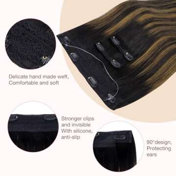 GOO GOO Wire Hair Extensions Human Hair, 1B/6/1B Natural Black with Chestnut Brown Balayage 18inch 125g, Invisible Wire Hair Extensions with Transparent, Seamless Fish Line Hairpiece