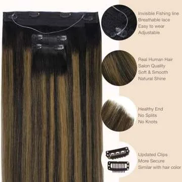 GOO GOO Wire Hair Extensions Human Hair, 1B/6/1B Natural Black with Chestnut Brown Balayage 18inch 125g, Invisible Wire Hair Extensions with Transparent, Seamless Fish Line Hairpiece
