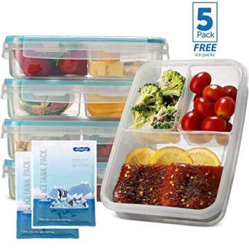 Komax Biokips Set of 5 Lunch Containers – 3 Compartment Food Container for Meal Prep, Portion Cont...