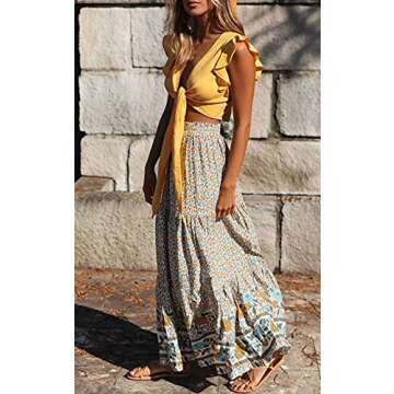 ZESICA Women's Summer Bohemian Floral Printed Elastic Waist A Line Maxi Skirt with Pockets,Cream,Large