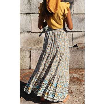 ZESICA Women's Summer Bohemian Floral Printed Elastic Waist A Line Maxi Skirt with Pockets,Cream,Large