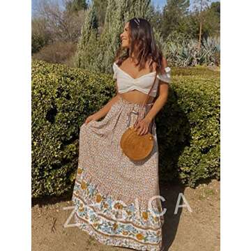 ZESICA Women's Summer Bohemian Floral Printed Elastic Waist A Line Maxi Skirt with Pockets,Cream,Large