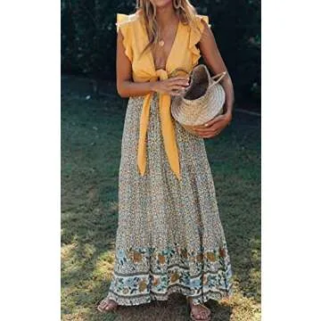 ZESICA Women's Summer Bohemian Floral Printed Elastic Waist A Line Maxi Skirt with Pockets,Cream,Large