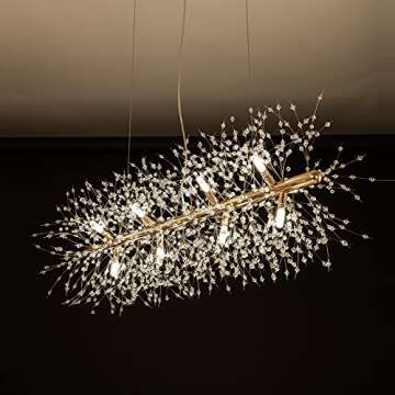 CM MZY 12-Light Crystal Firework Chandelier, Modern Dining Room Lighting Fixtures Hanging, Gold Meta...
